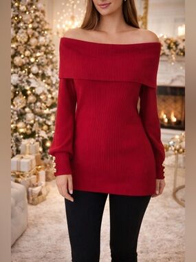 BCX Red Off Shoulder Sweater Dress Gold Button Cuffs Size M